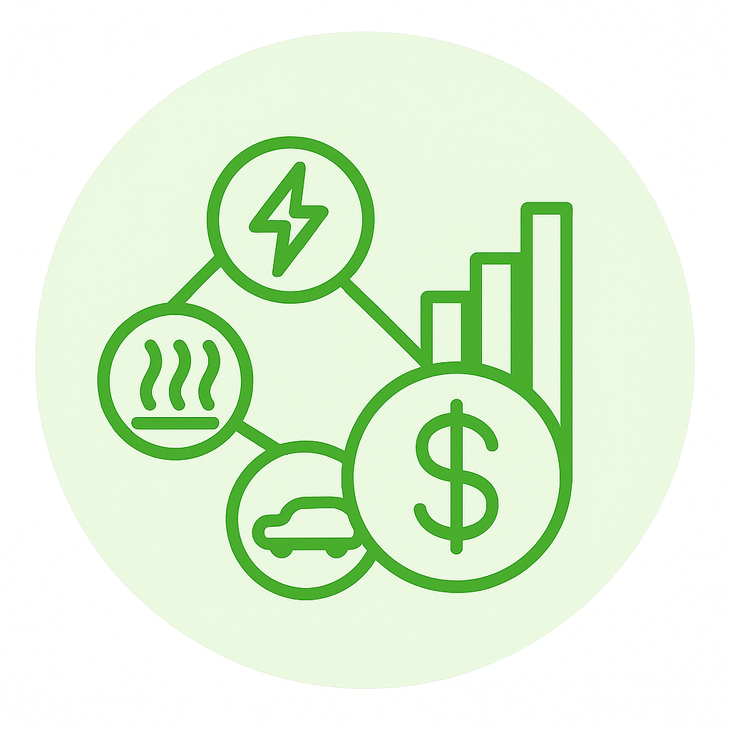 Icon Energiewirtschaft & -märkte zeigt ein Dollarzeichen mit Balkendiagramm, das mit den Sektoren Strom, Wärme und Mobilität verknüpft ist