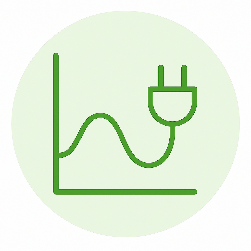 Icon Bedarfsorientierte Energiebereitstellung mit einem Koordinatensystem, in dem die Kurve einen Stecker mit Kabel darstellt