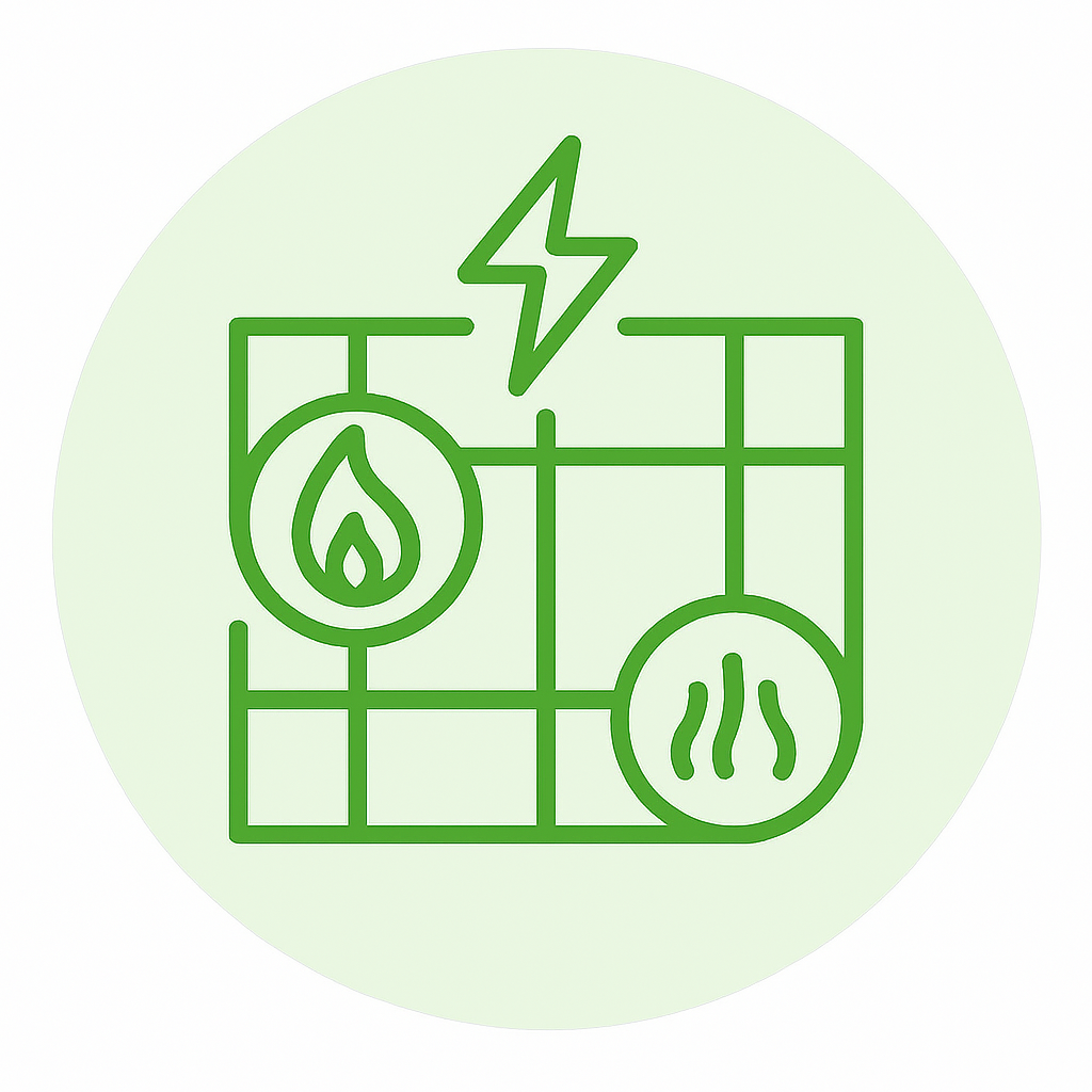 Icon Systemintegration Sektorkopplung mit einem Raster, in dem die Sektoren Strom Wärme und Mobilität abgebildet sind