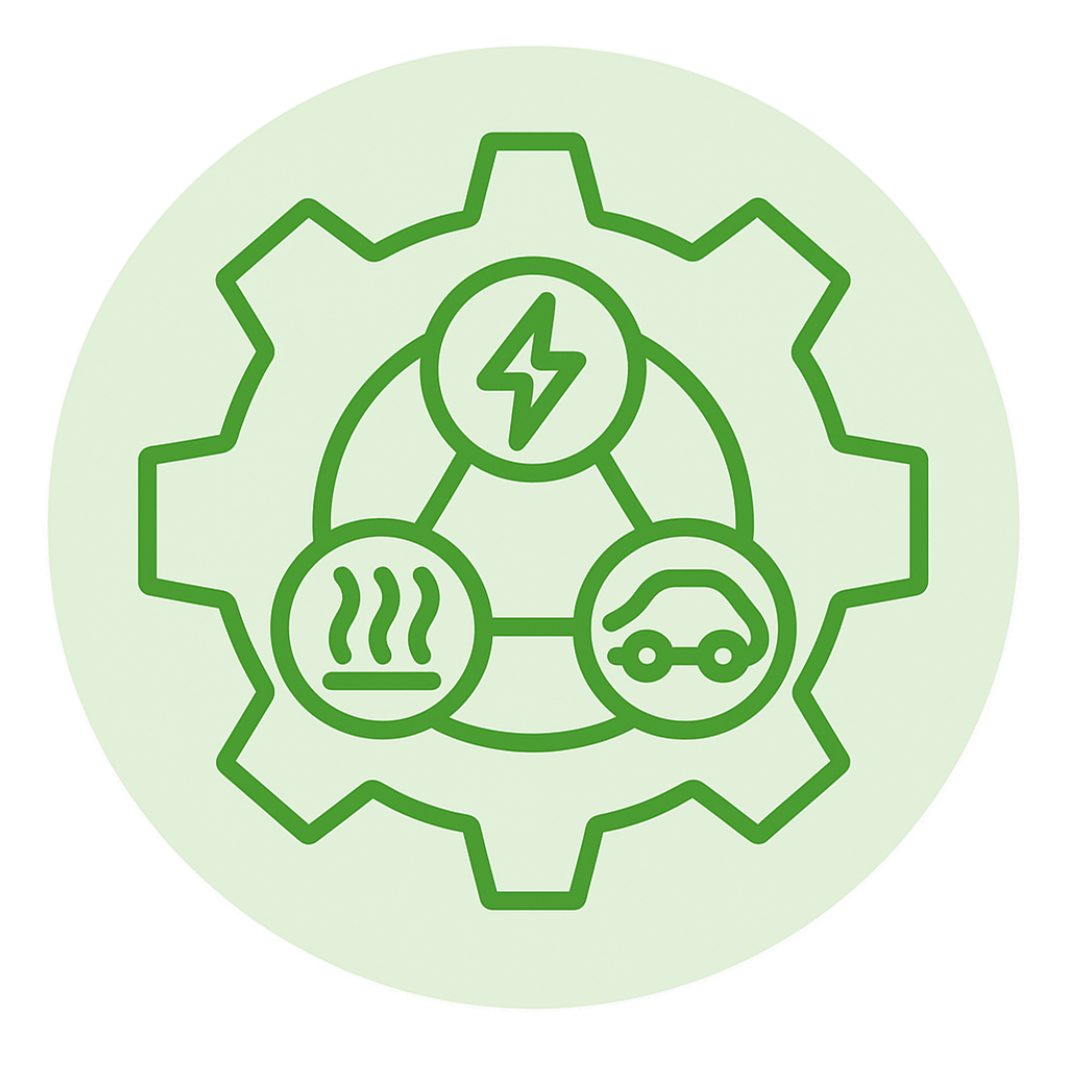Icon Energiesystemtechnik: Zahnrad mit Symbolen für Strom, Wärme und Mobilität